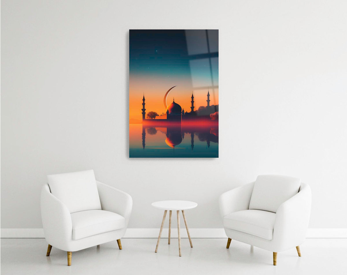 Mosque Silhouette at Sunset Glass Wall Art in a modern interior