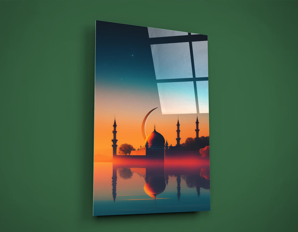 Mosque Silhouette at Sunset Glass Wall Art on the wall