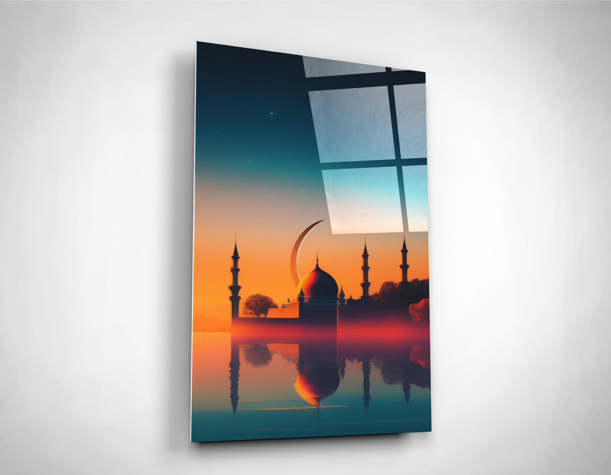 Mosque Silhouette at Sunset Glass Wall Art close-up