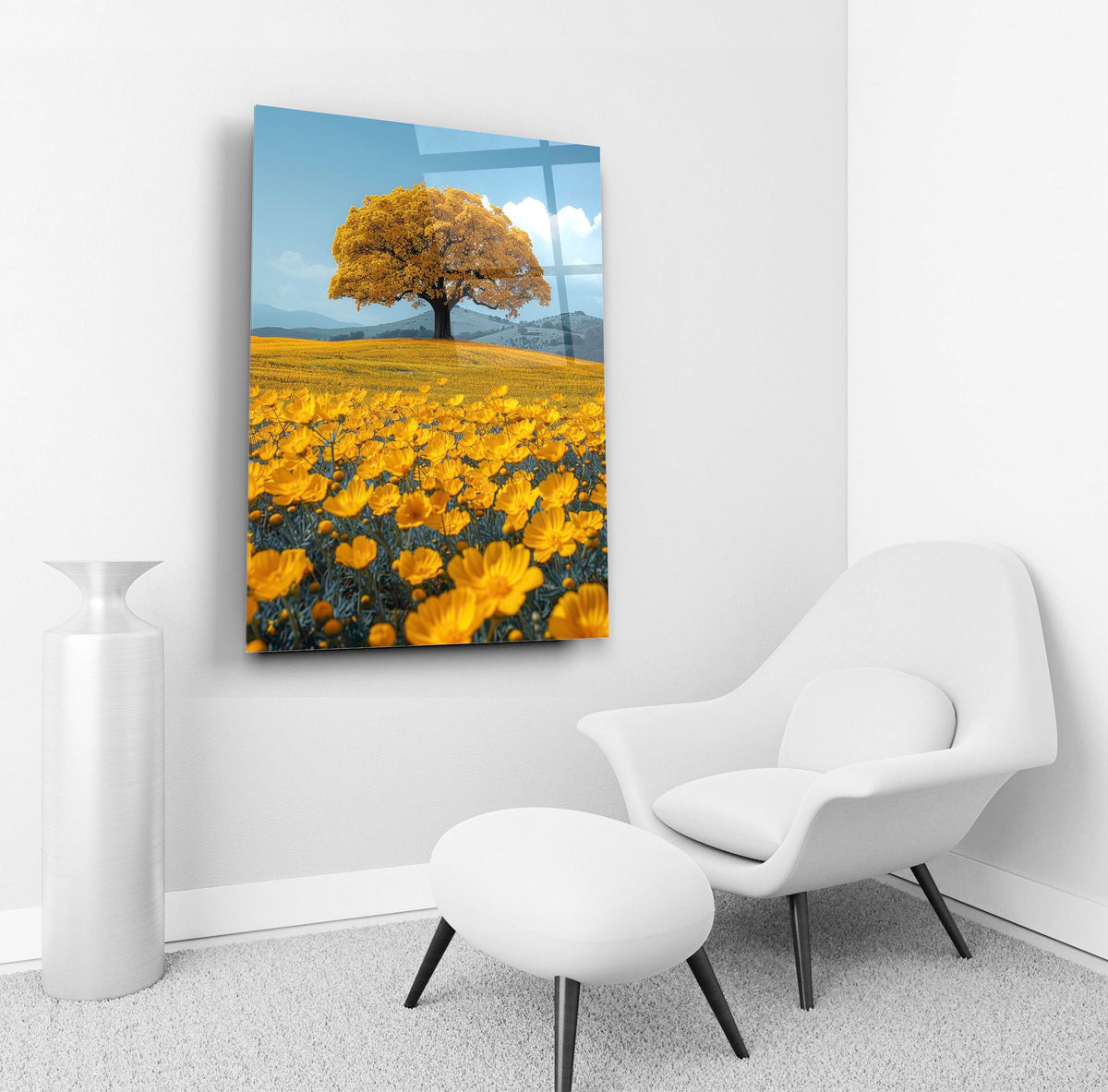 Golden Tree in a Yellow Flower Field Glass Wall Art in a living room interior