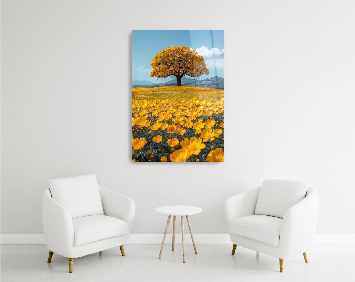 Golden Tree in a Yellow Flower Field Glass Wall Art in a modern interior