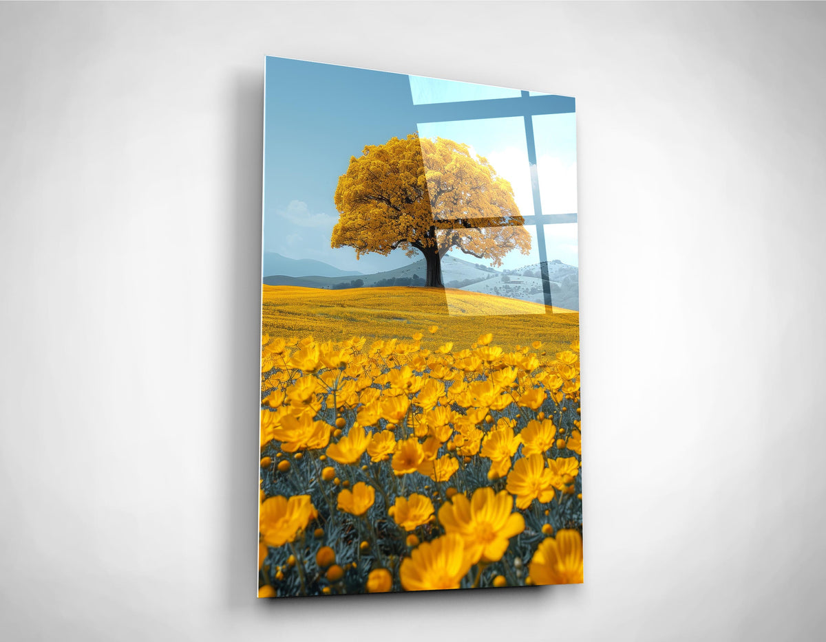 Golden Tree in a Yellow Flower Field Glass Wall Art on the wall