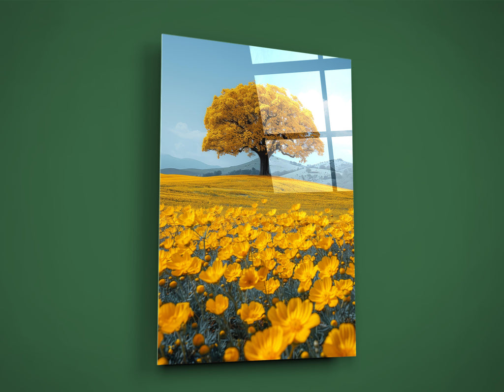 Golden Tree in a Yellow Flower Field Glass Wall Art close-up