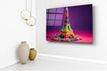 Rainbow Candy Eiffel Tower Glass Wall Art in a living room interior
