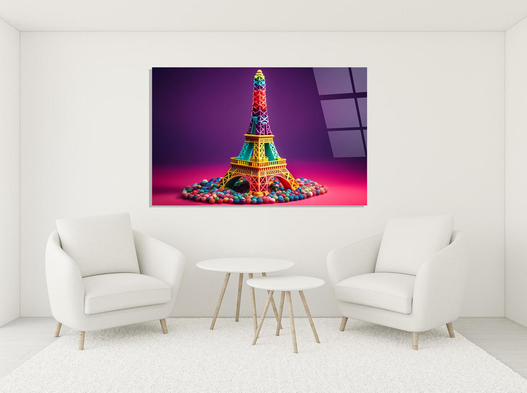 Rainbow Candy Eiffel Tower Glass Wall Art in a modern interior