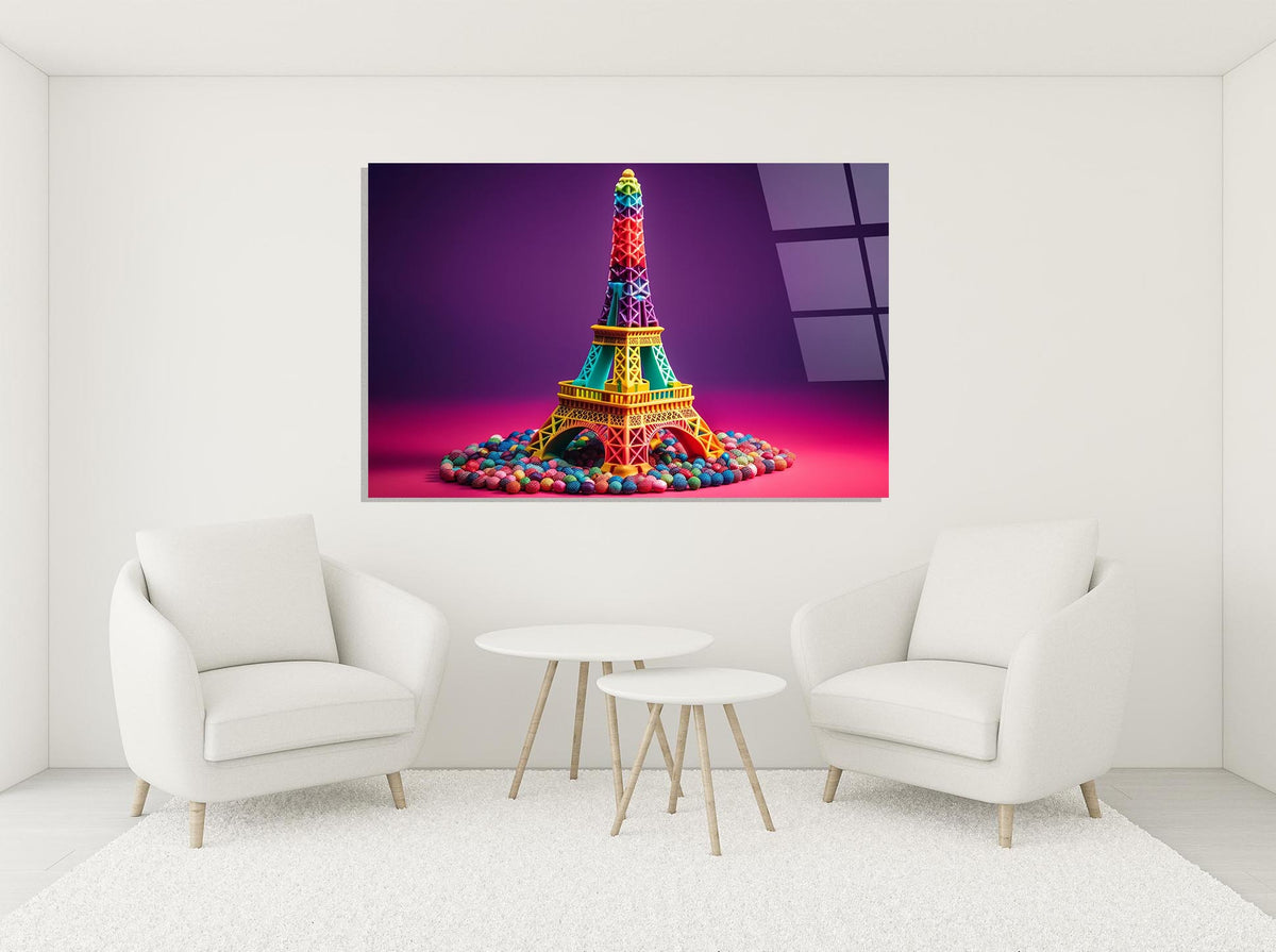 Rainbow Candy Eiffel Tower Glass Wall Art in a modern interior