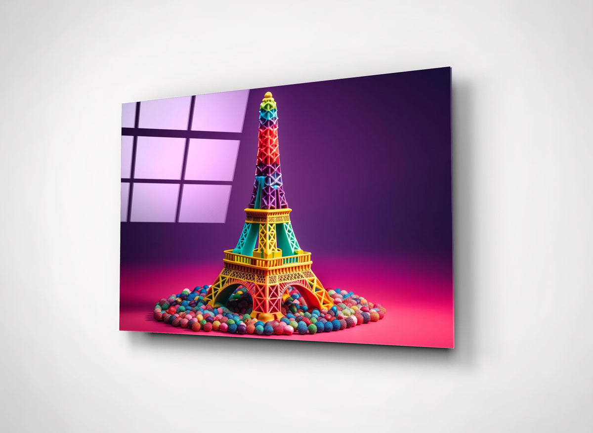 Rainbow Candy Eiffel Tower Glass Wall Art on the wall