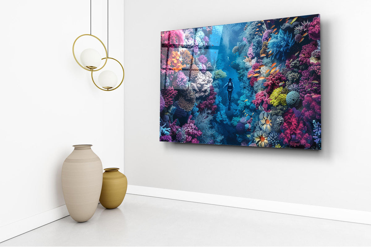 Diver in Coral Reef Canyon Glass Wall Art in a living room interior
