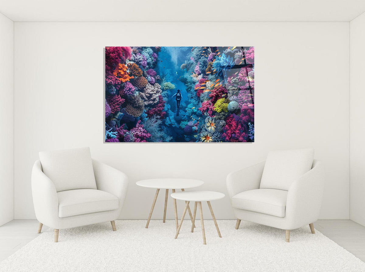 Diver in Coral Reef Canyon Glass Wall Art in a modern interior