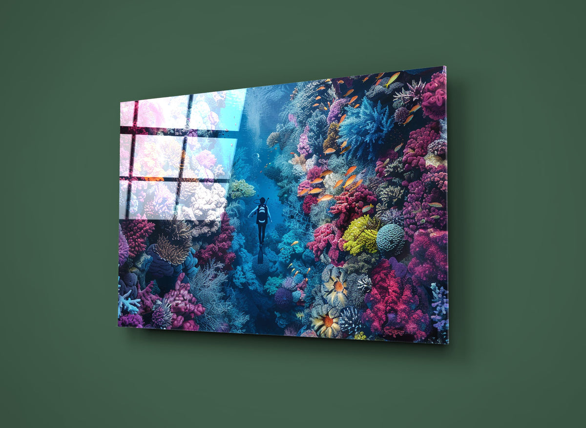 Diver in Coral Reef Canyon Glass Wall Art on the wall