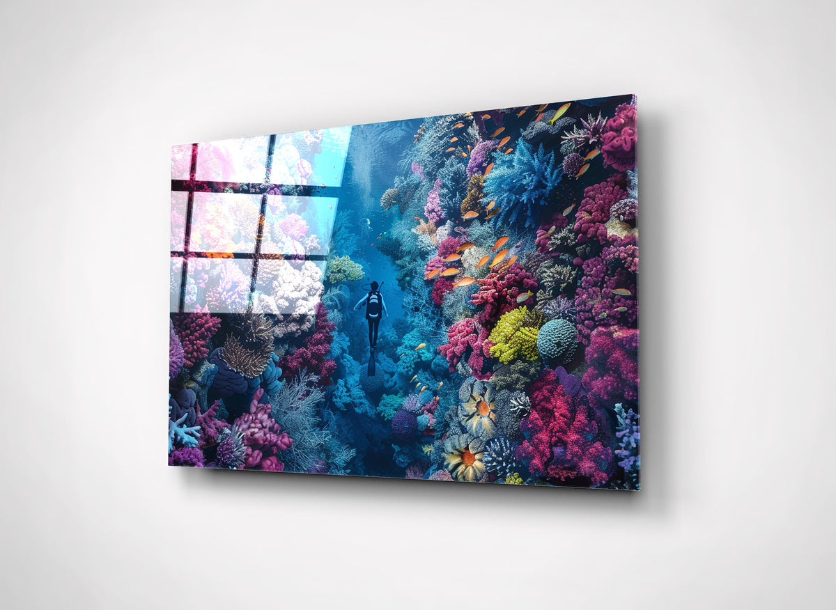 Diver in Coral Reef Canyon Glass Wall Art close-up