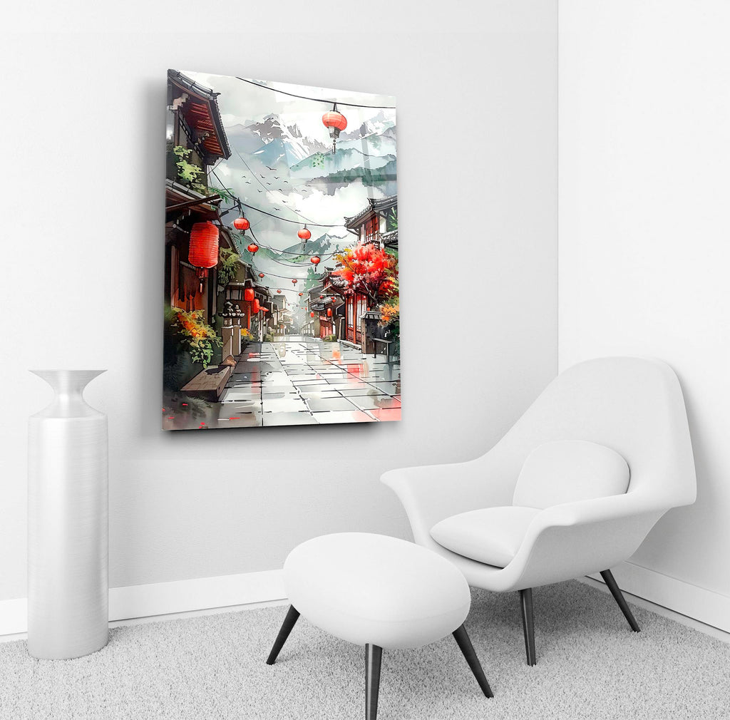 Asian Lantern Street Watercolor Glass Wall Art in a living room interior