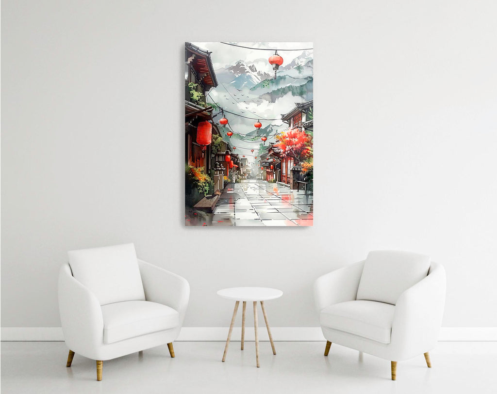 Asian Lantern Street Watercolor Glass Wall Art in a modern interior