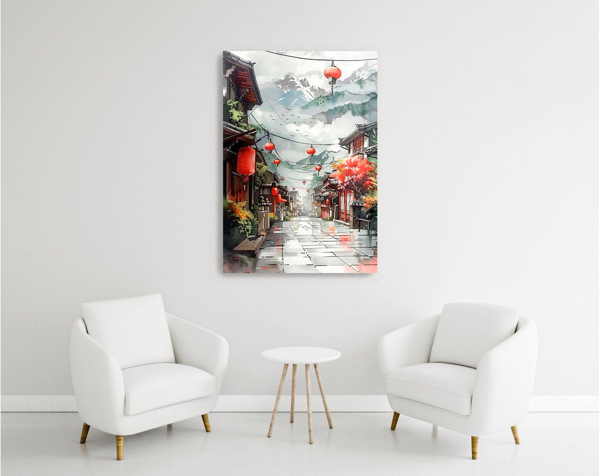 Asian Lantern Street Watercolor Glass Wall Art in a modern interior