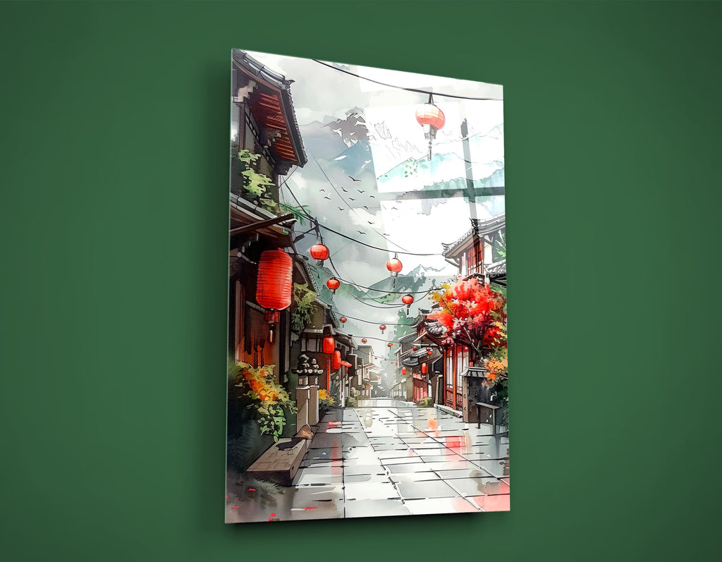 Asian Lantern Street Watercolor Glass Wall Art on the wall