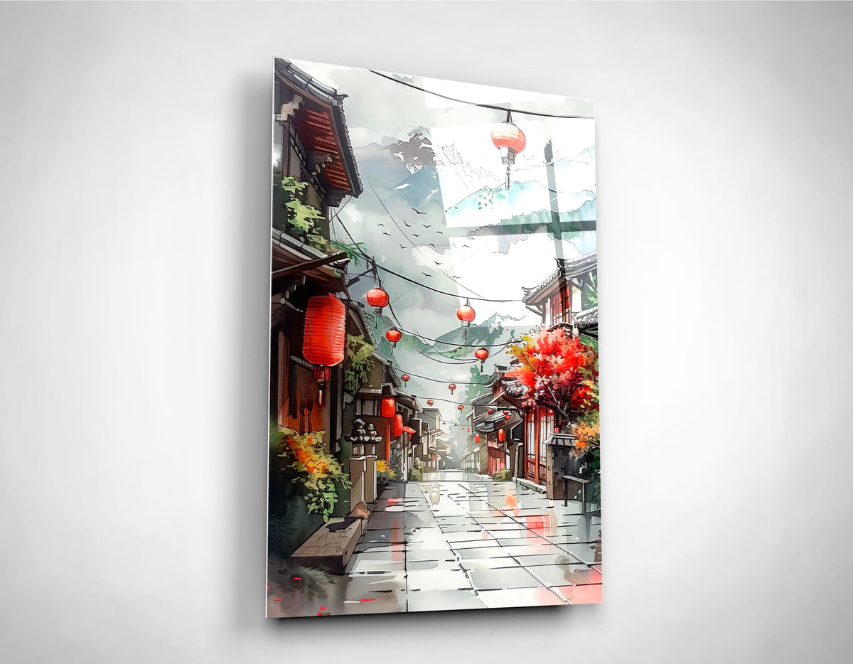 Asian Lantern Street Watercolor Glass Wall Art close-up