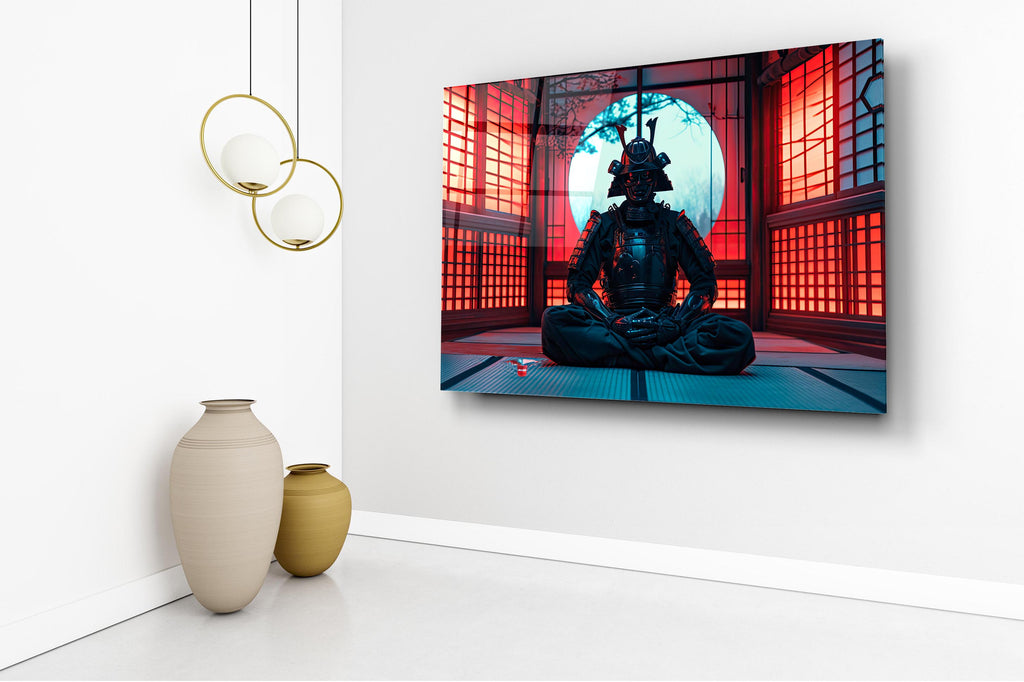 Meditating Samurai in Red Dojo Glass Wall Art in a living room interior