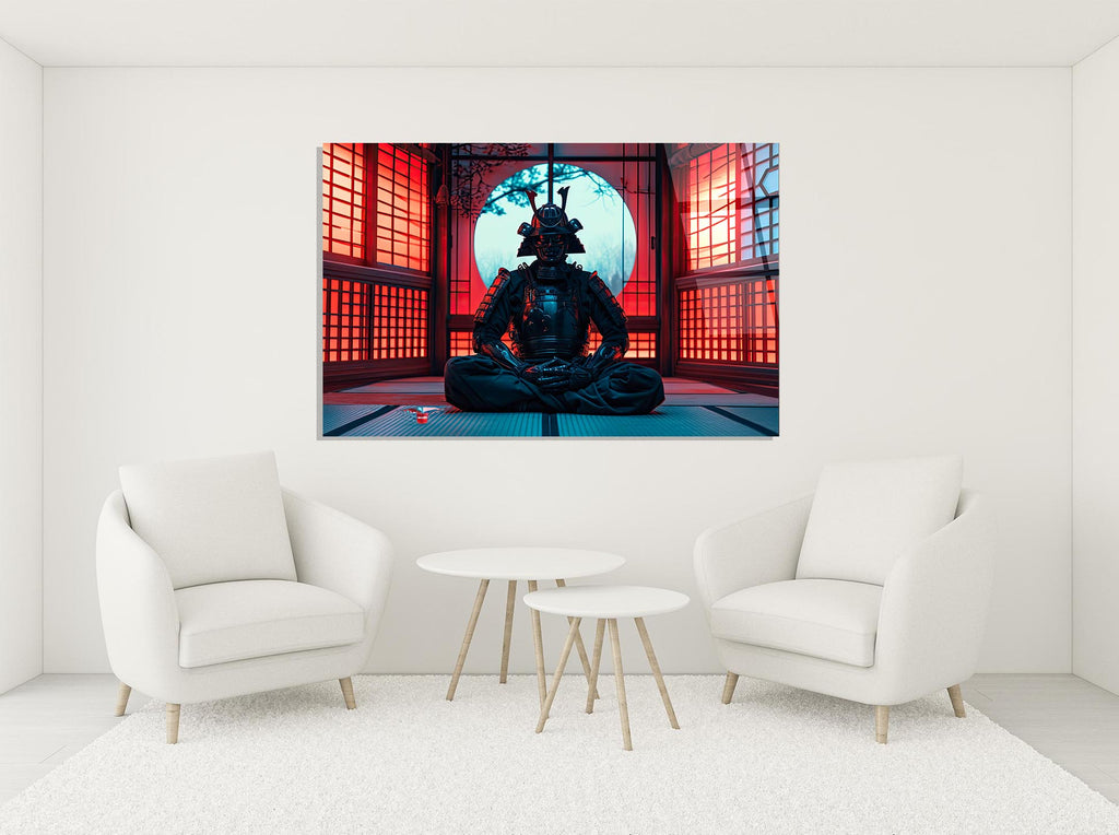 Meditating Samurai in Red Dojo Glass Wall Art in a modern interior