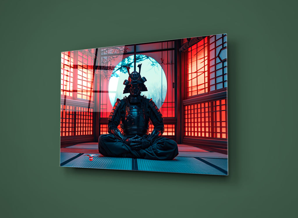 Meditating Samurai in Red Dojo Glass Wall Art on the wall