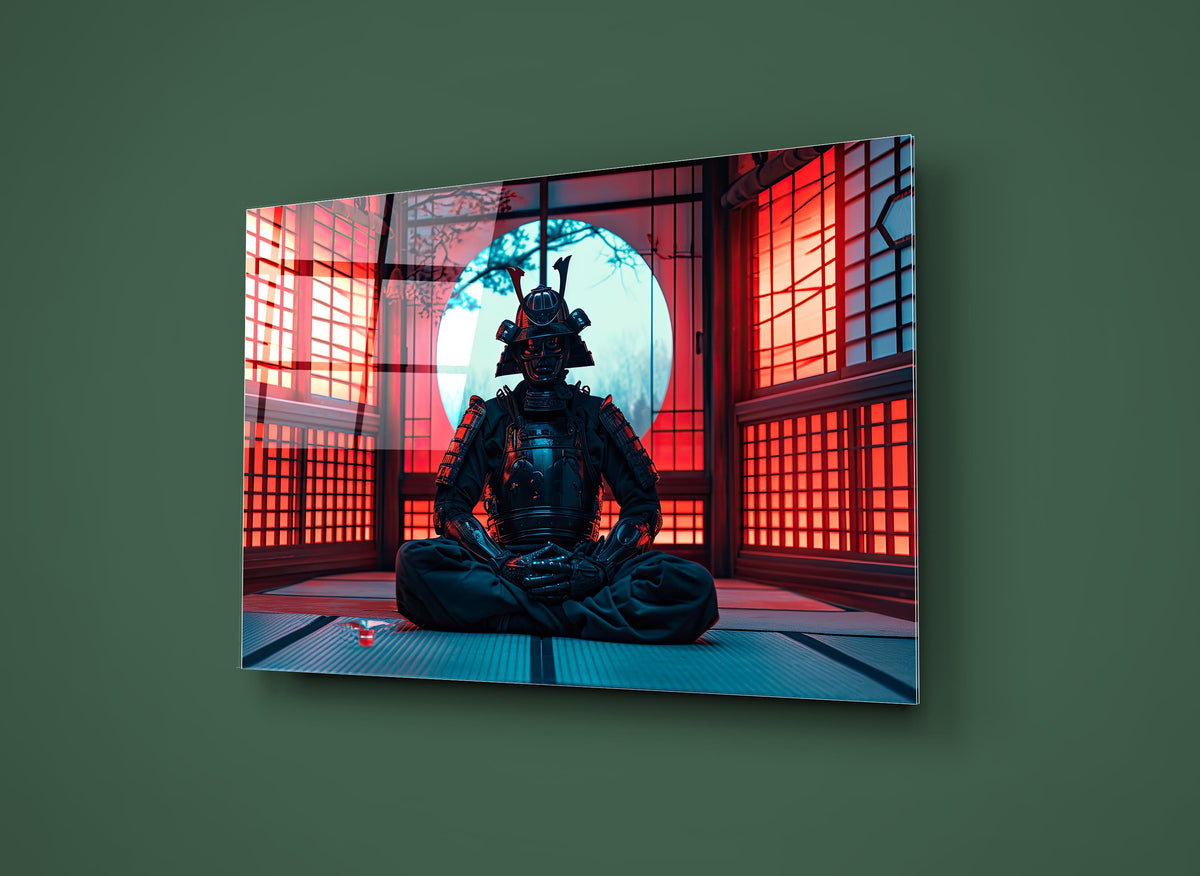 Meditating Samurai in Red Dojo Glass Wall Art on the wall