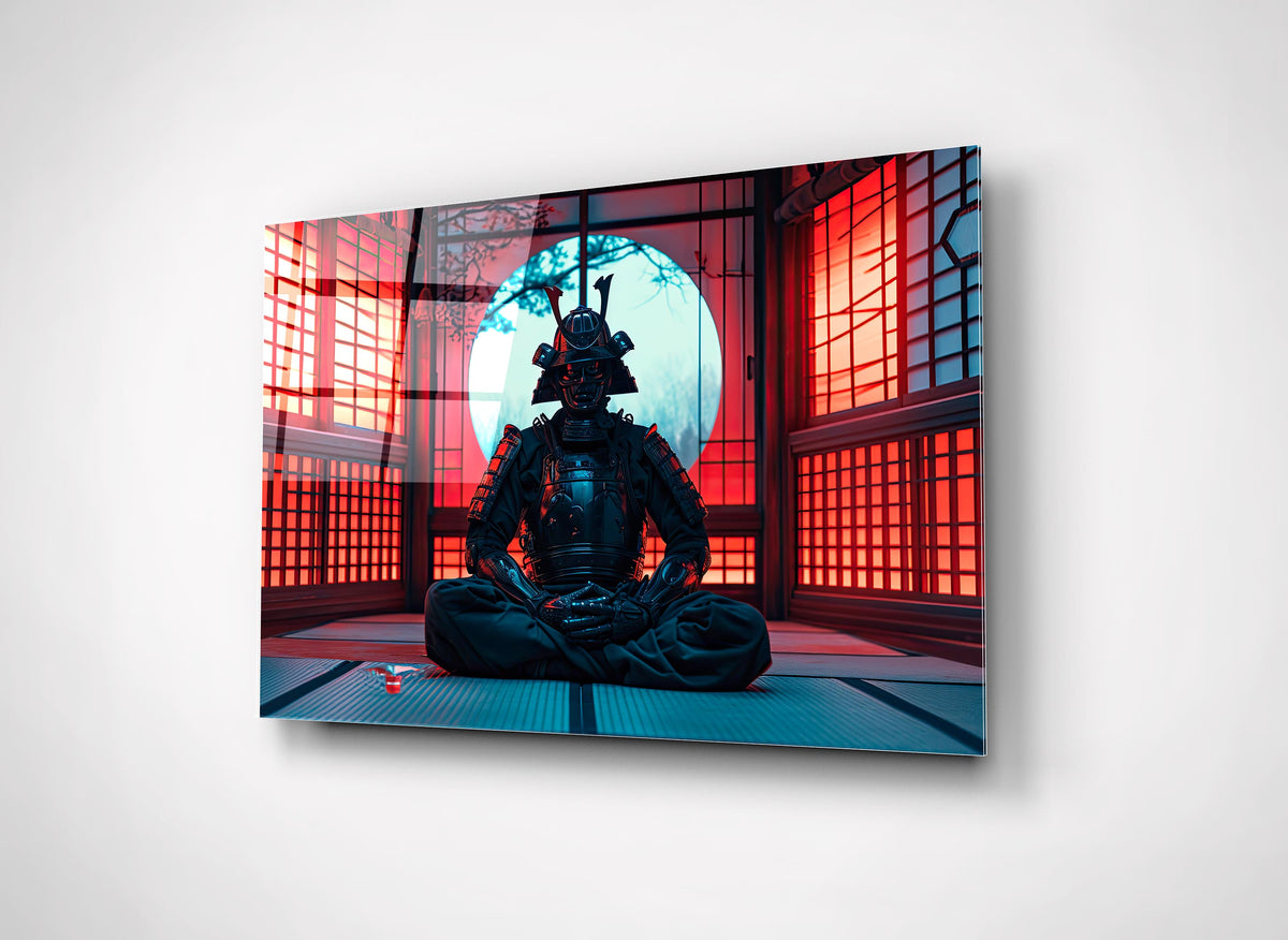 Meditating Samurai in Red Dojo Glass Wall Art close-up