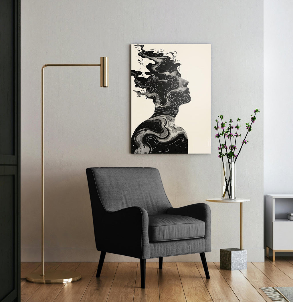Swirling Ink Silhouette Glass Wall Art in a modern interior