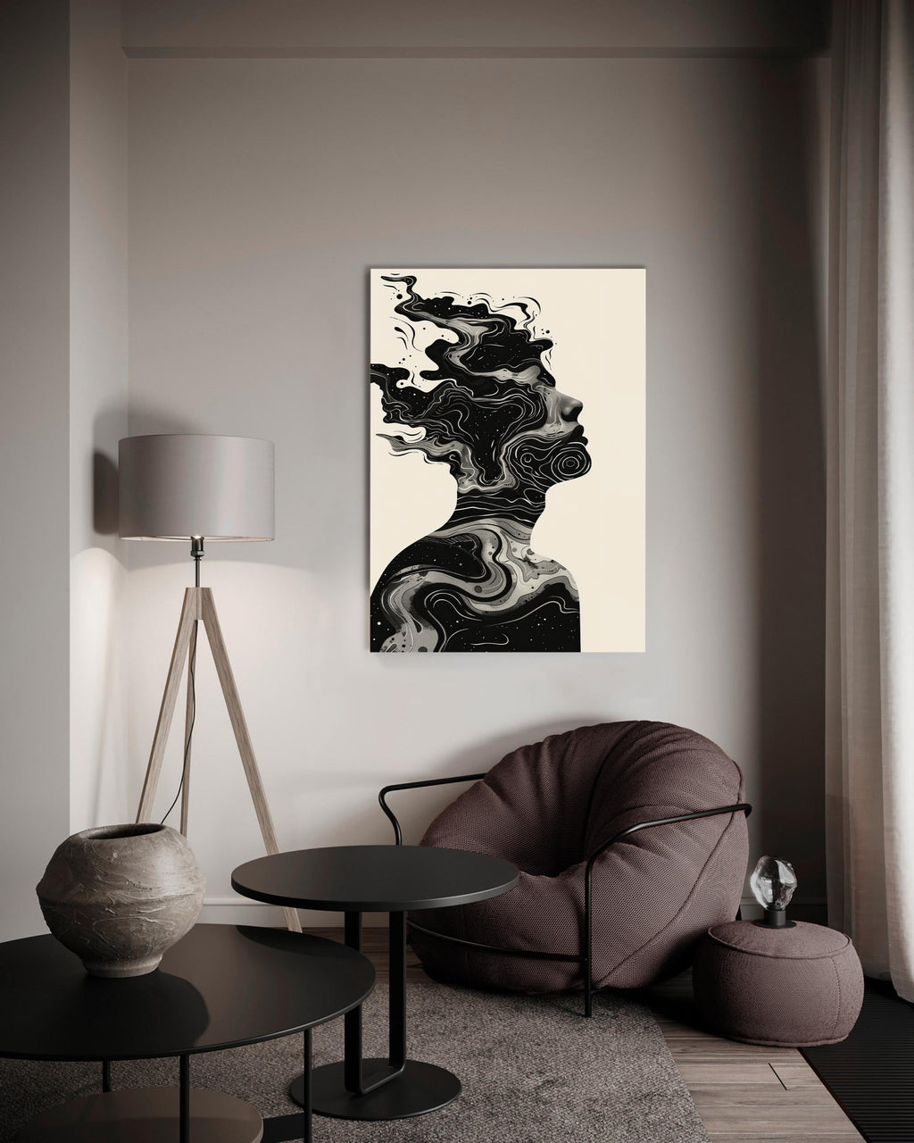 Swirling Ink Silhouette Glass Wall Art on the wall
