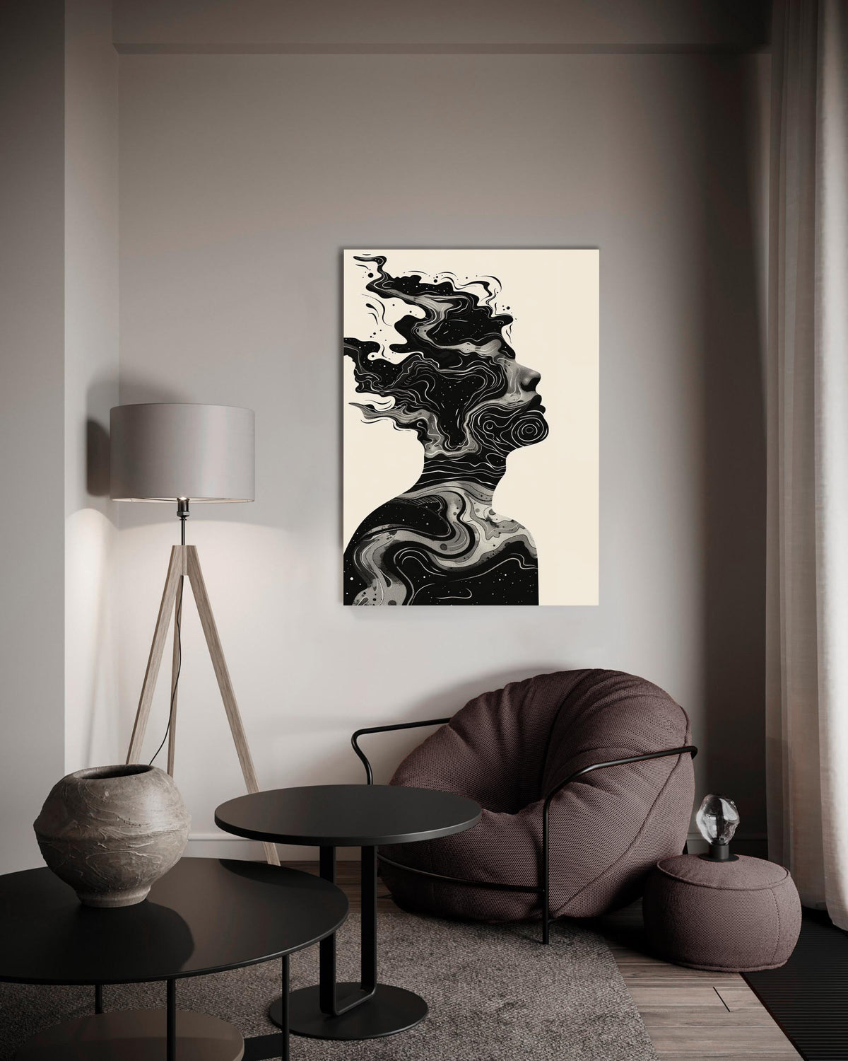 Swirling Ink Silhouette Glass Wall Art on the wall