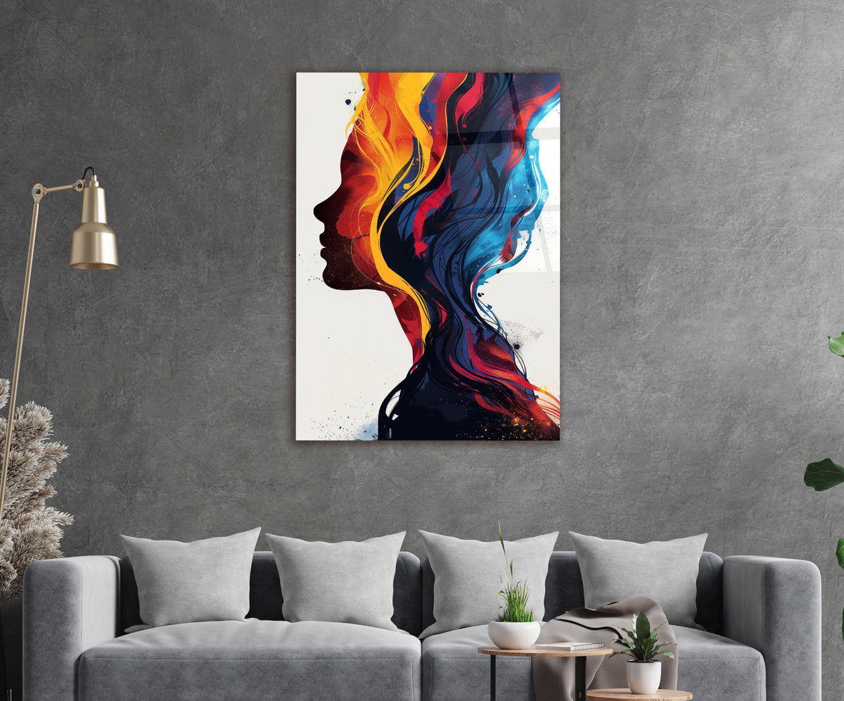 Colorful Abstract Woman Profile Glass Wall Art in a living room interior