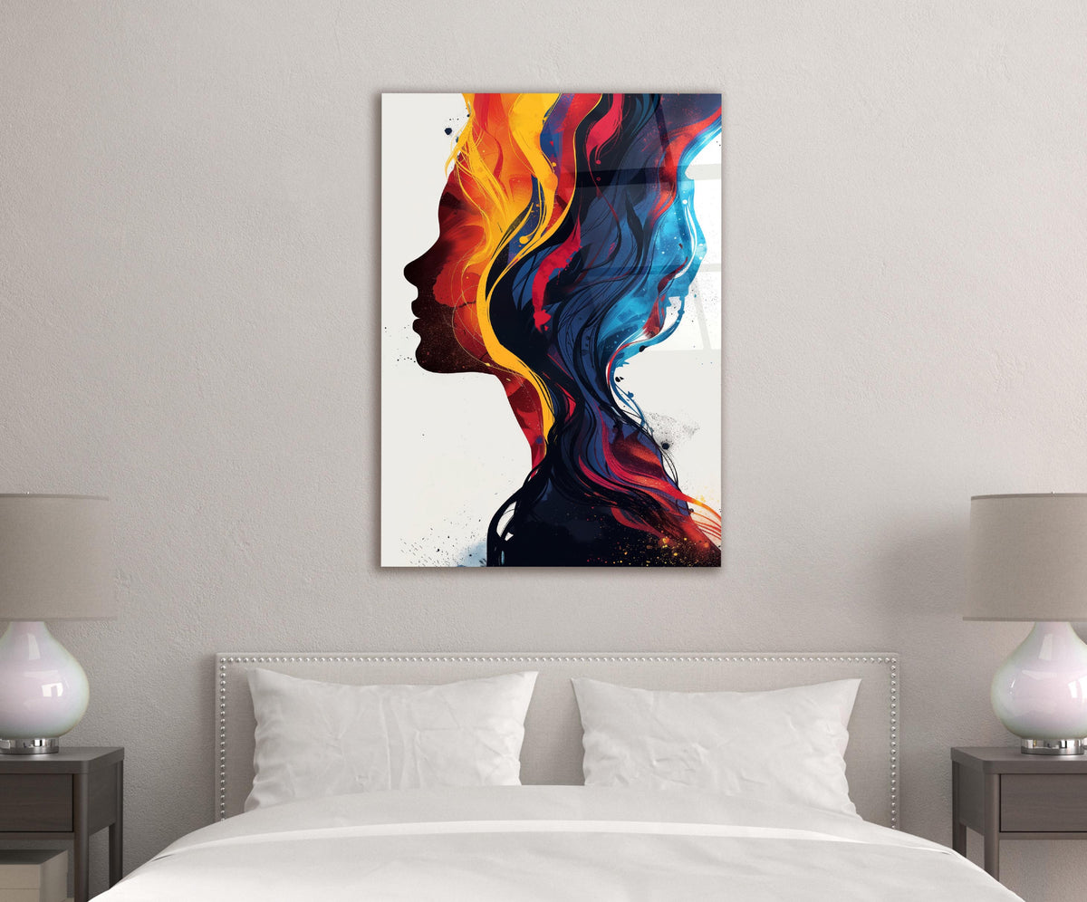 Colorful Abstract Woman Profile Glass Wall Art in a modern interior