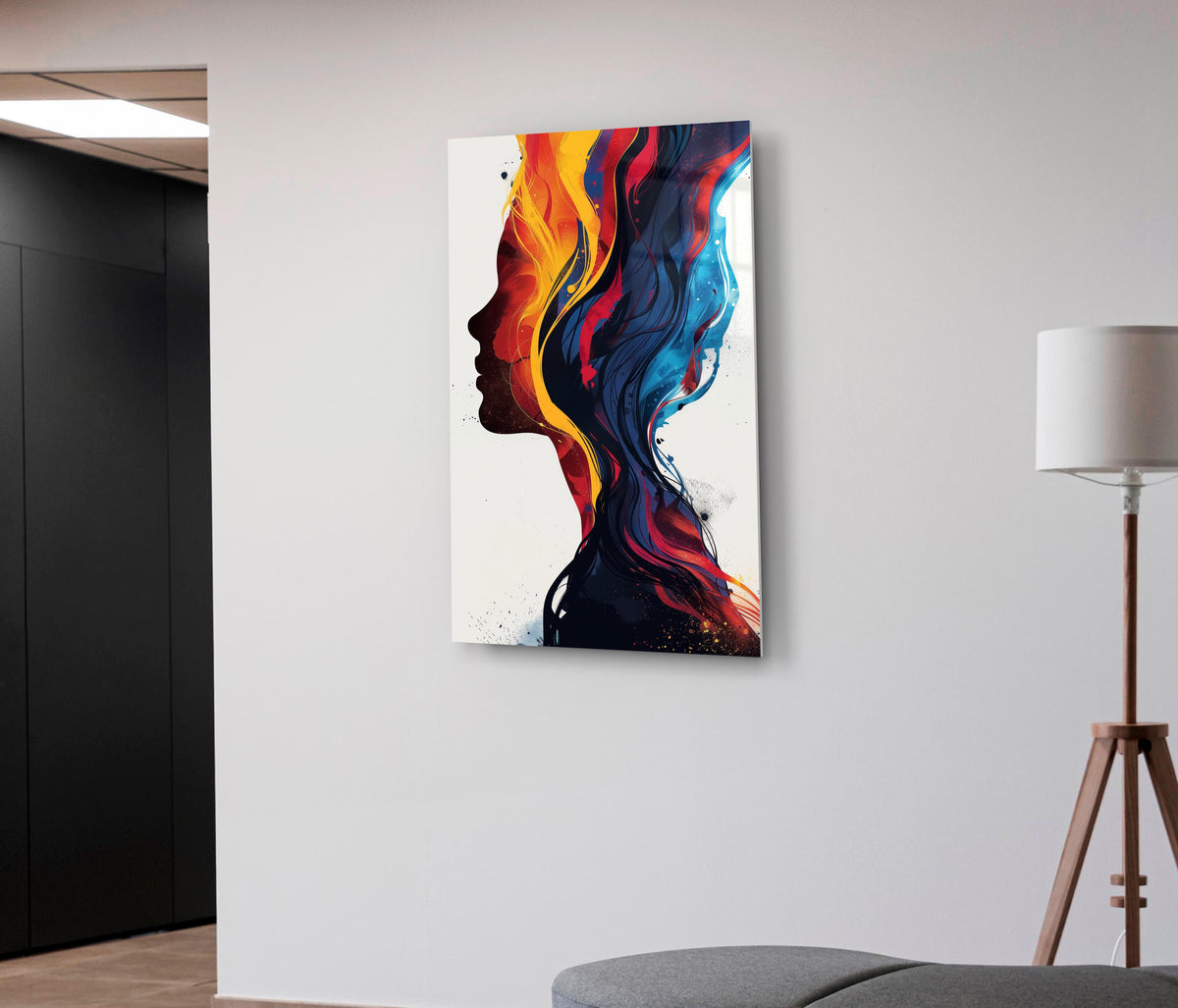 Colorful Abstract Woman Profile Glass Wall Art on the wall