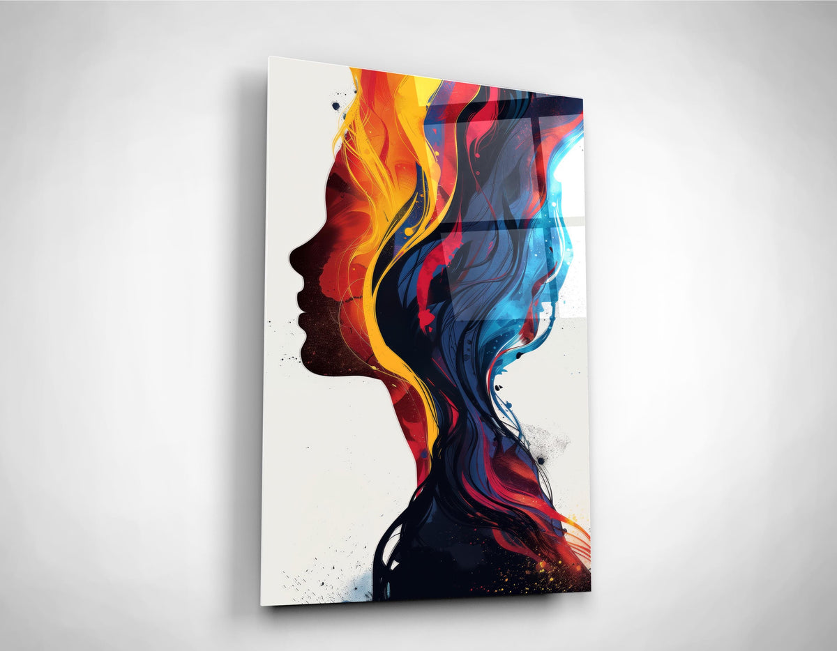 Colorful Abstract Woman Profile Glass Wall Art close-up