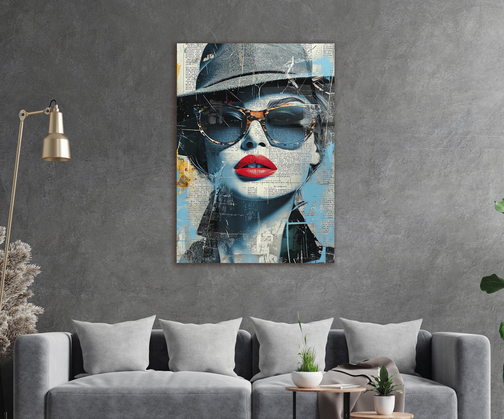 Newspaper Collage Woman in Sunglasses Glass Wall Art in a living room interior