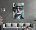 Newspaper Collage Woman in Sunglasses Glass Wall Art in a living room interior