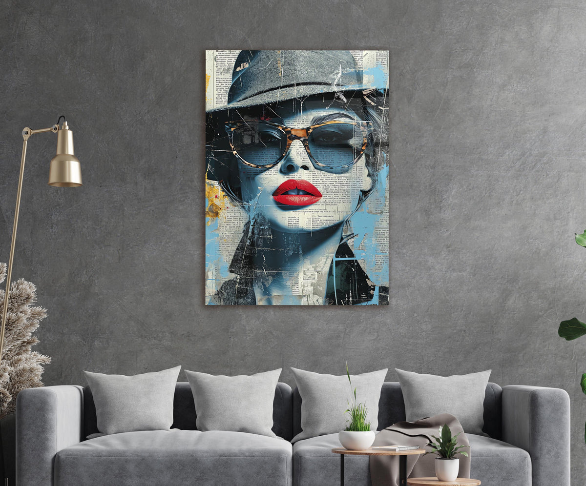 Newspaper Collage Woman in Sunglasses Glass Wall Art in a living room interior