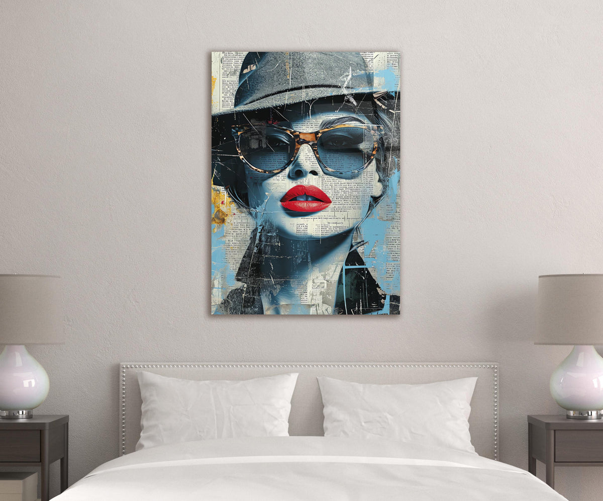 Newspaper Collage Woman in Sunglasses Glass Wall Art in a modern interior