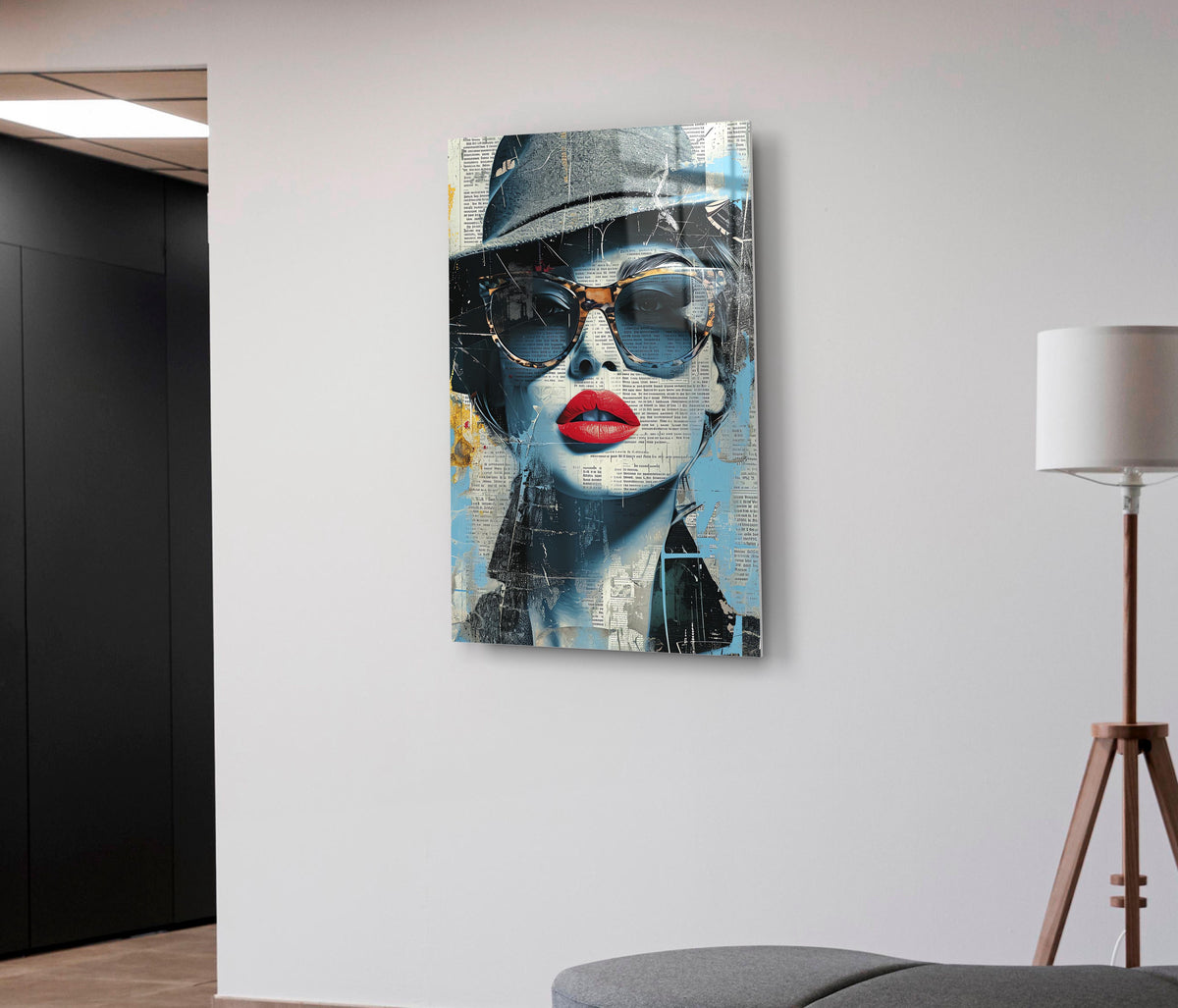 Newspaper Collage Woman in Sunglasses Glass Wall Art on the wall