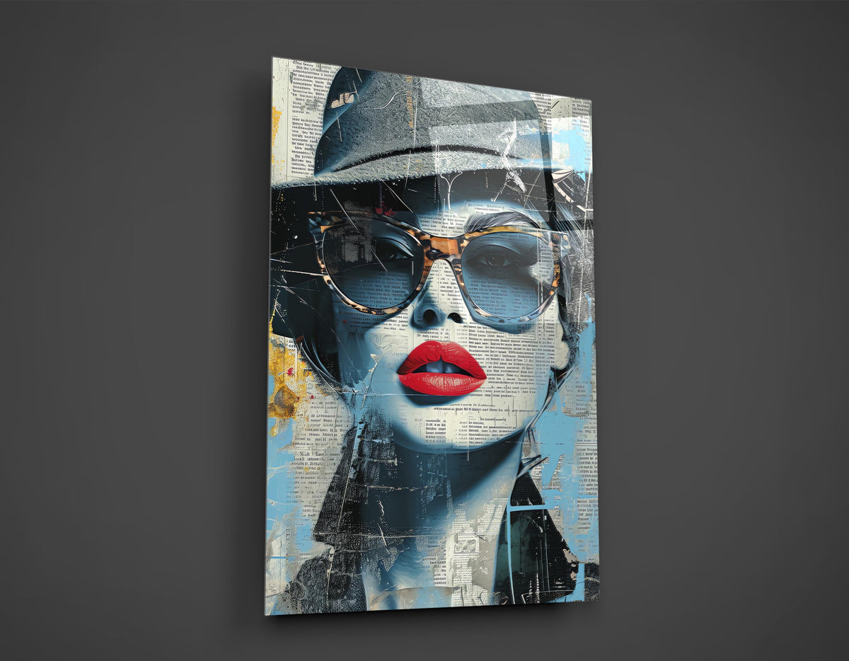 Newspaper Collage Woman in Sunglasses Glass Wall Art close-up