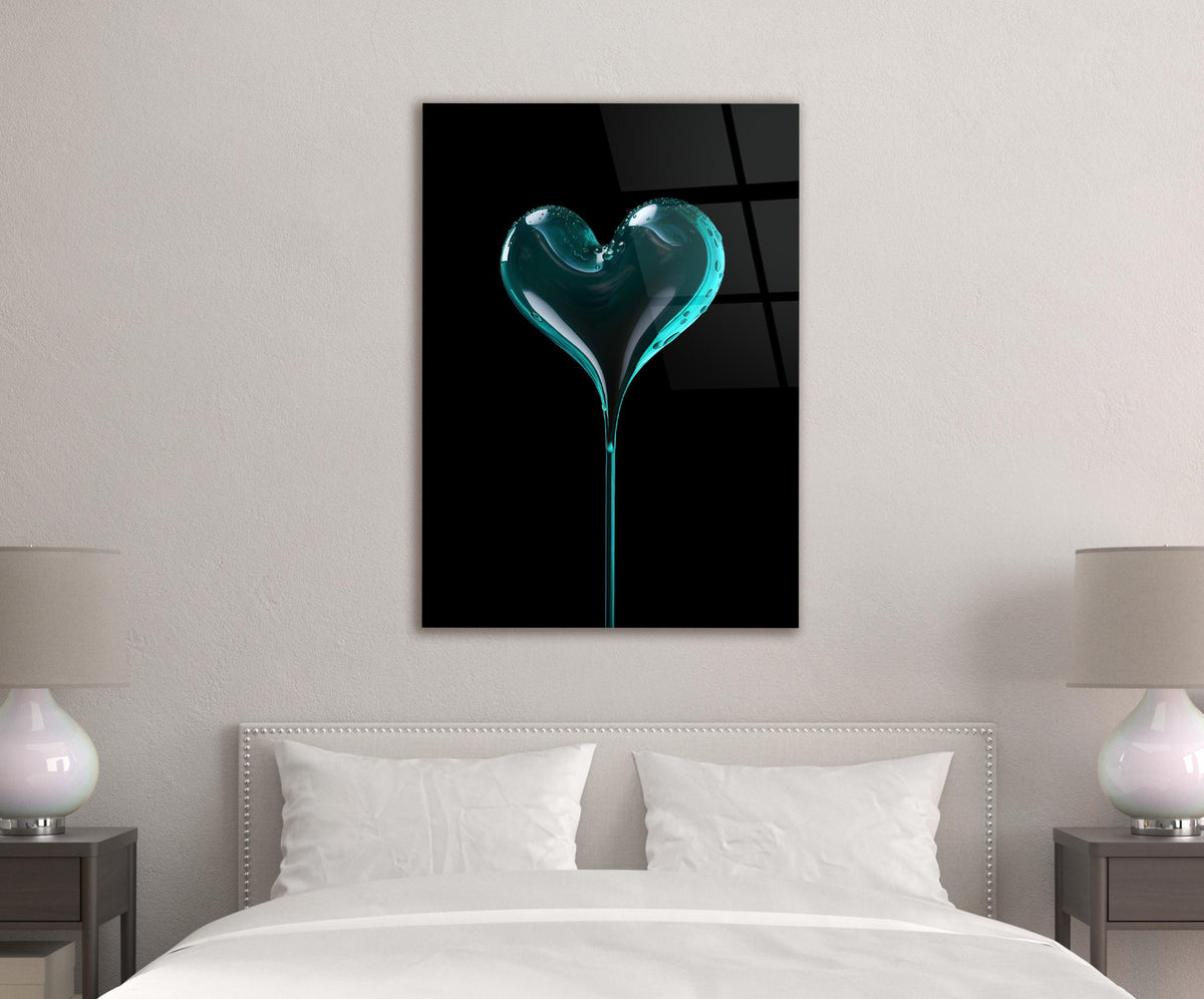 Teal Glass Heart on Black Glass Wall Art in a modern interior