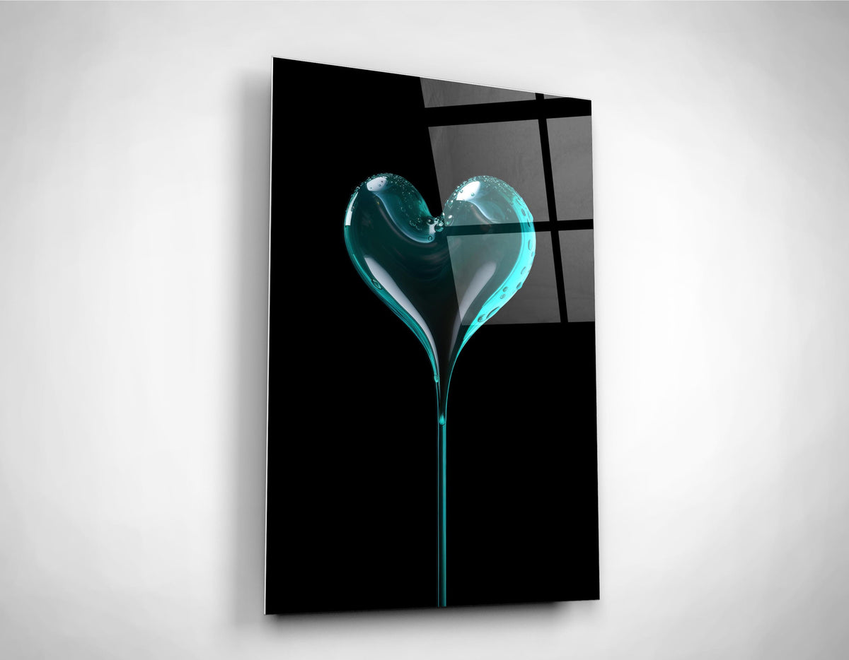 Teal Glass Heart on Black Glass Wall Art close-up