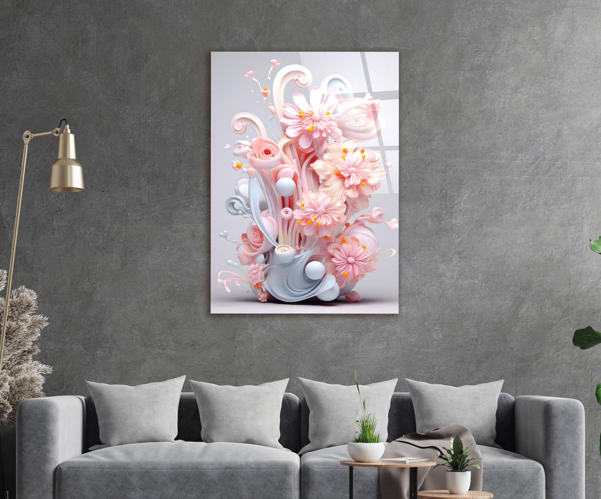 Pastel Pink 3D Floral Sculpture Glass Wall Art in a living room interior
