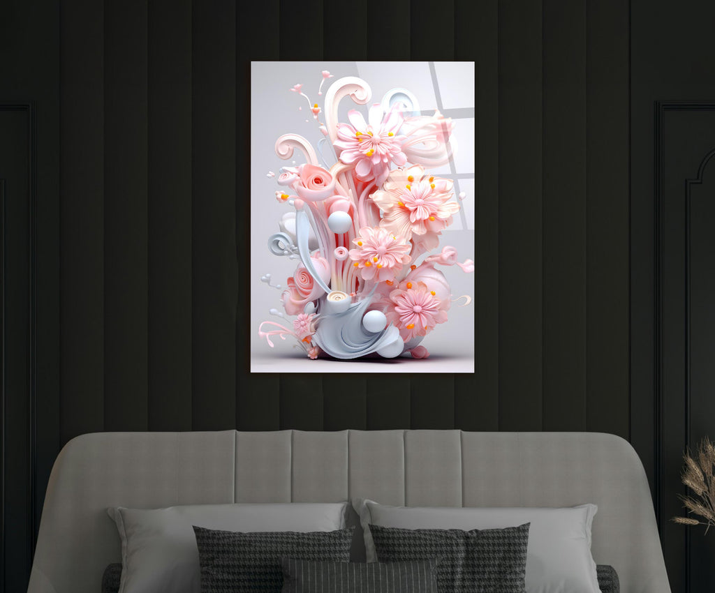 Pastel Pink 3D Floral Sculpture Glass Wall Art in a modern interior