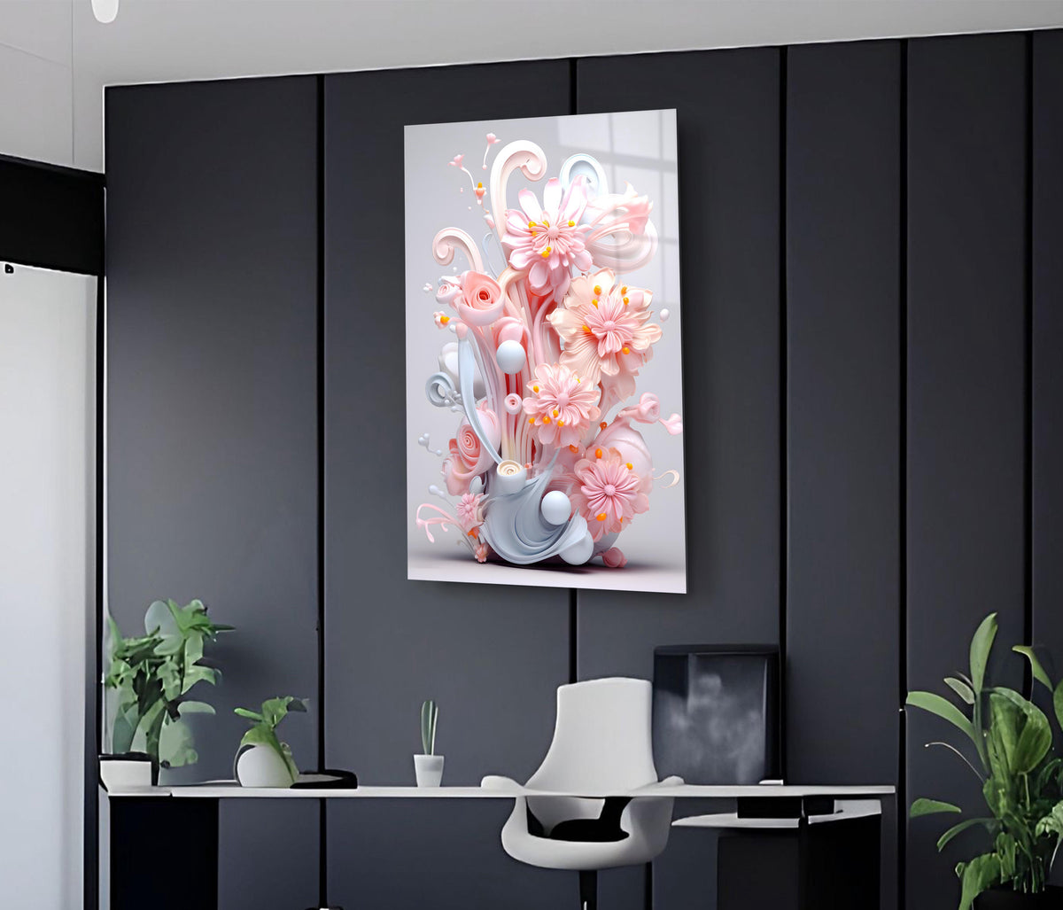 Pastel Pink 3D Floral Sculpture Glass Wall Art on the wall