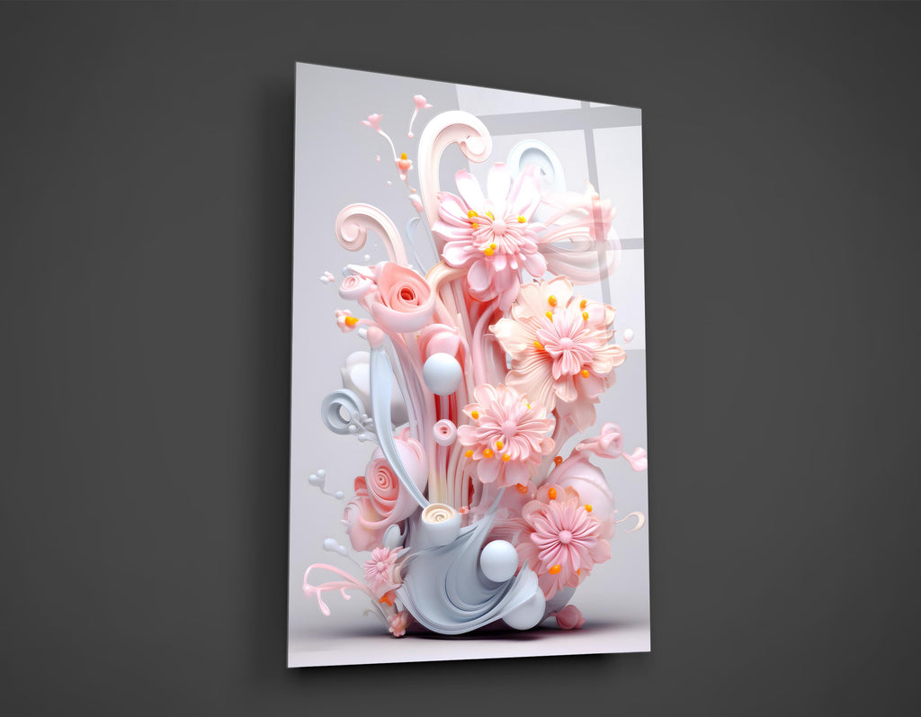 Pastel Pink 3D Floral Sculpture Glass Wall Art close-up