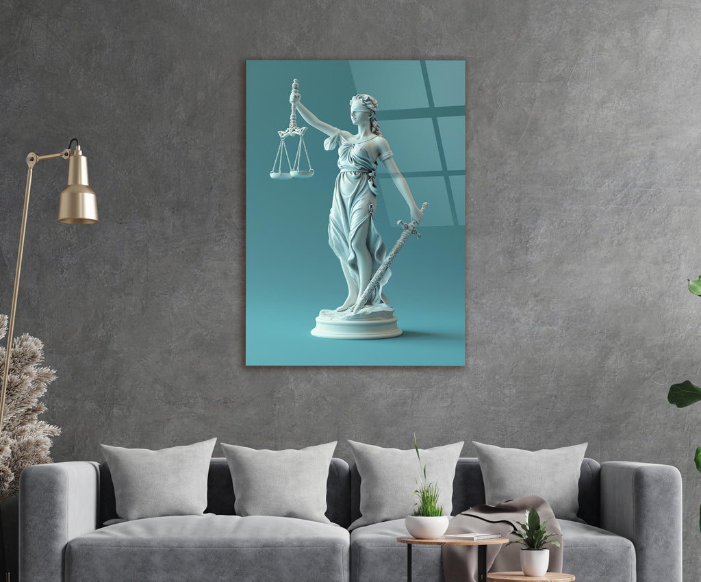 Lady Justice Statue Teal Glass Wall Art in a living room interior