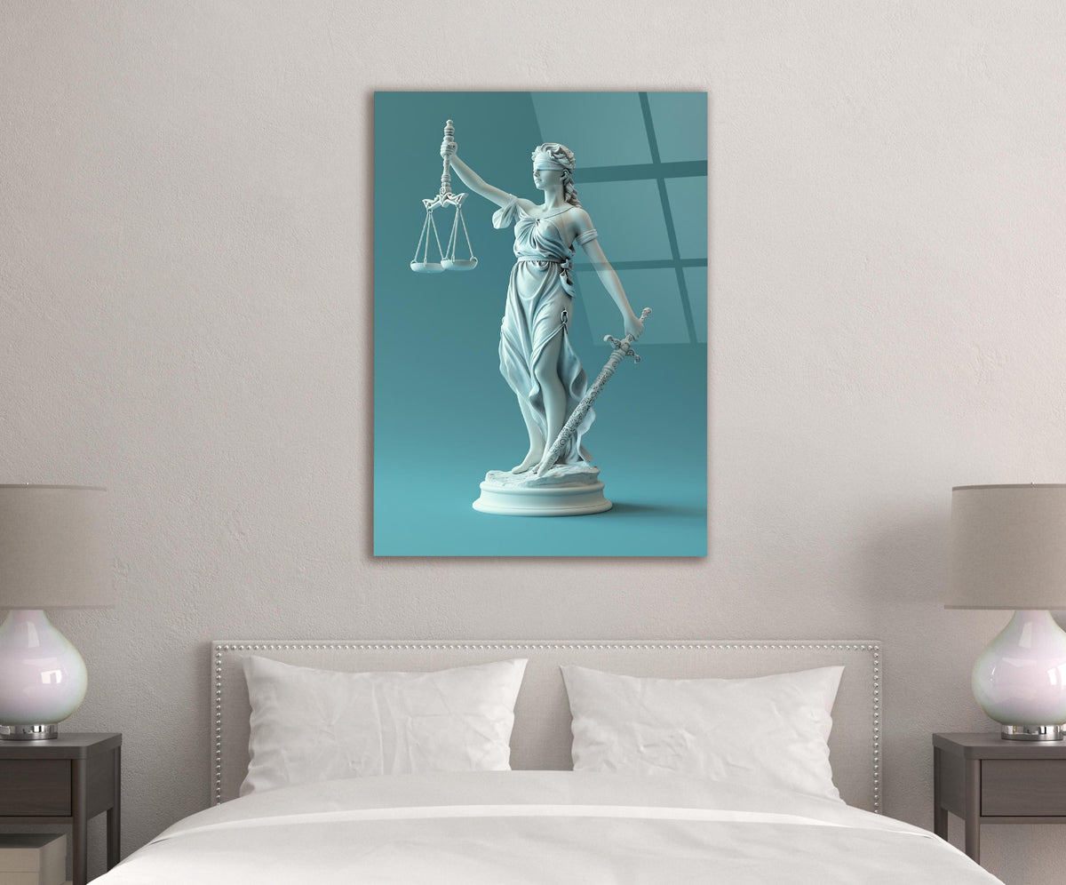 Lady Justice Statue Teal Glass Wall Art in a modern interior