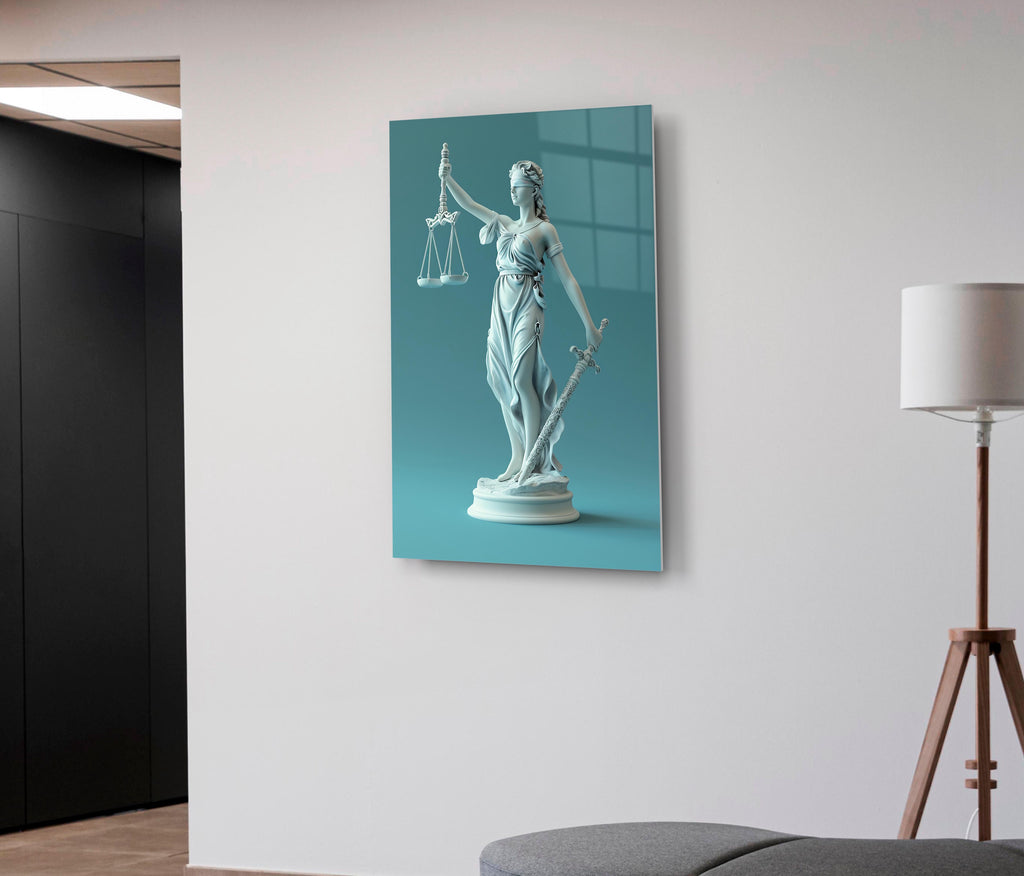 Lady Justice Statue Teal Glass Wall Art on the wall