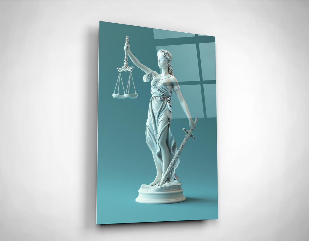 Lady Justice Statue Teal Glass Wall Art close-up