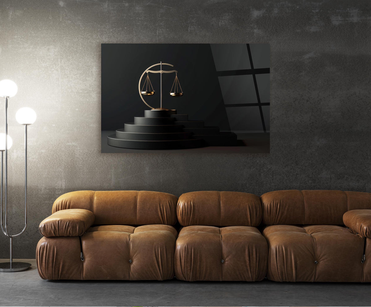 Golden Scales on Black Steps Glass Wall Art in a living room interior