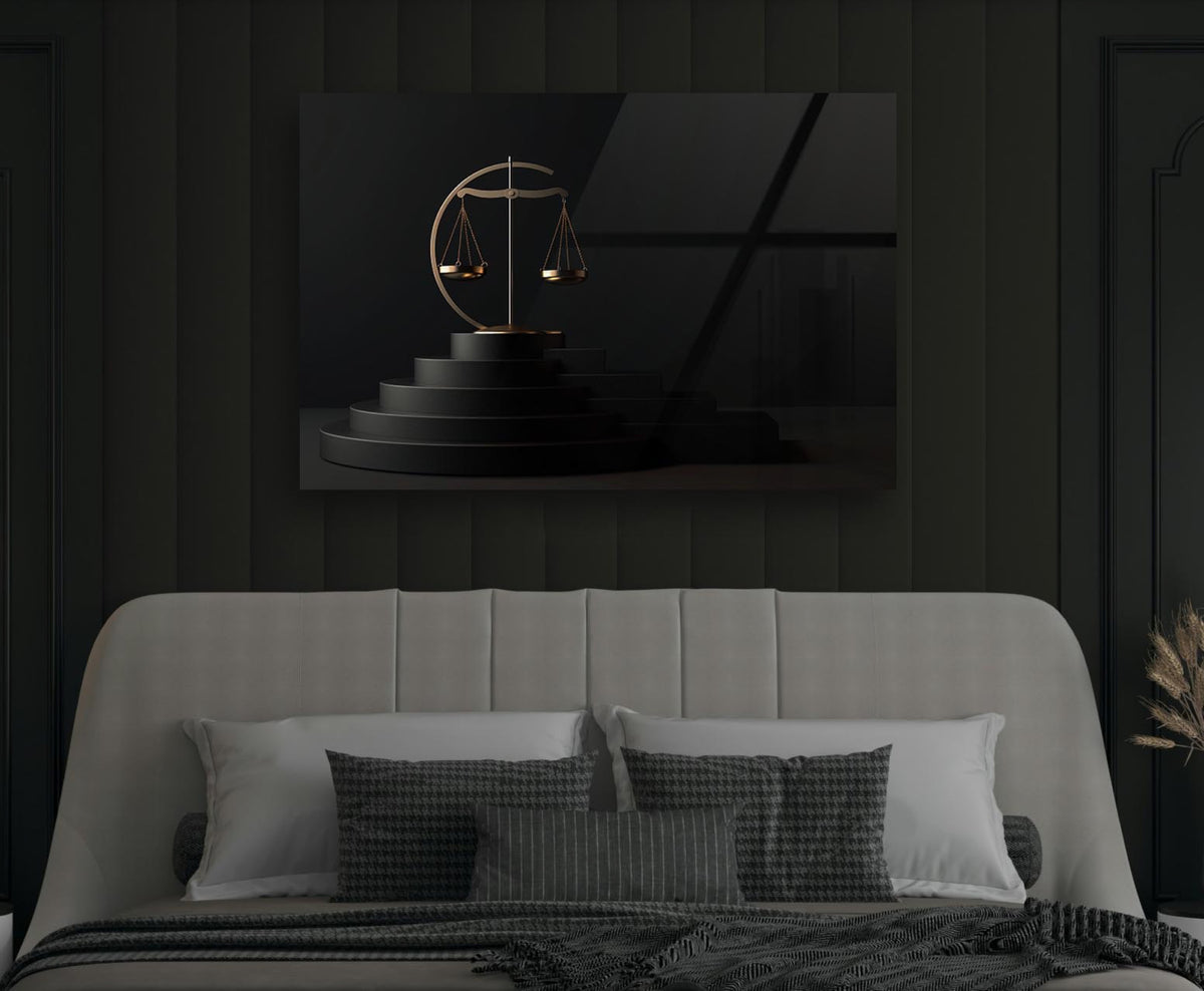 Golden Scales on Black Steps Glass Wall Art in a modern interior